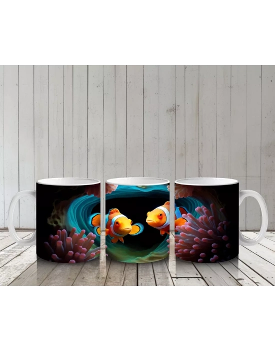 Mercanlar Arasında Renkli Palyaço Balıkları – Baskılı Kahve Kupası