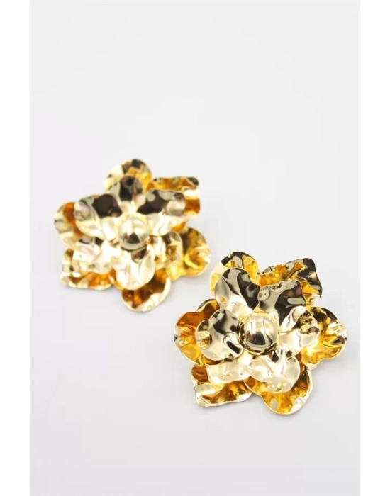 Metal Çiçek Küpe - Altın