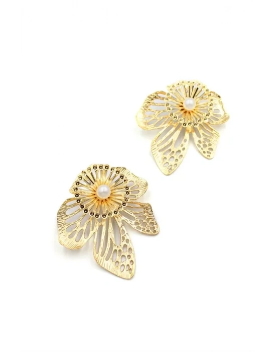Metal Çiçek Küpe - Altın