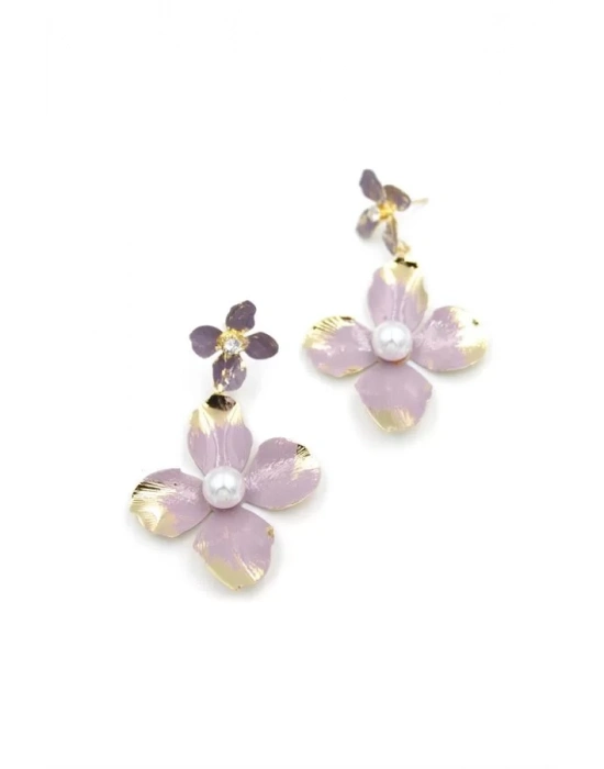 Metal Çiçek Küpe - Pembe