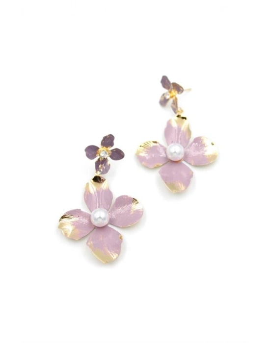 Metal Çiçek Küpe - Pembe