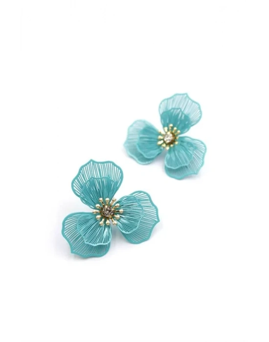 Metal Çiçek Küpe - Turkuaz