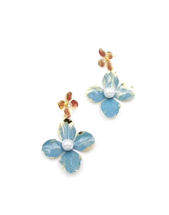 Metal Çiçek Küpe - Turkuaz