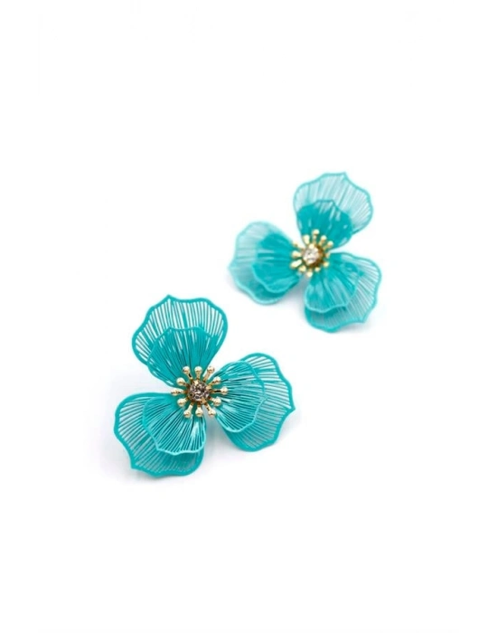 Metal Çiçek Küpe - Turkuaz