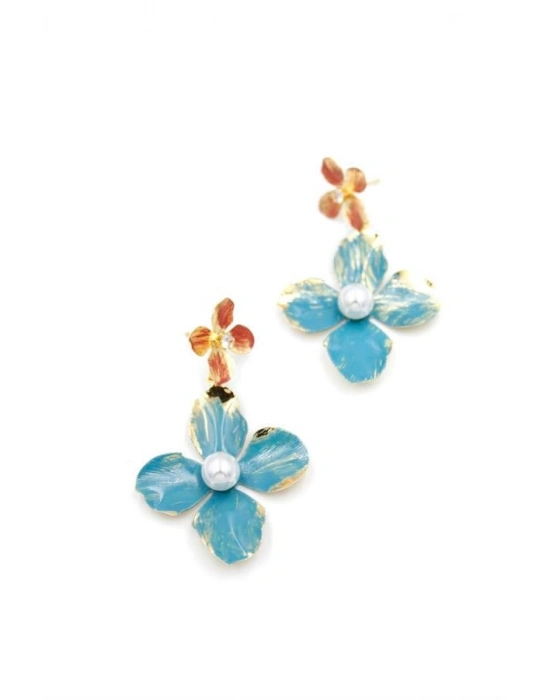 Metal Çiçek Küpe - Turkuaz