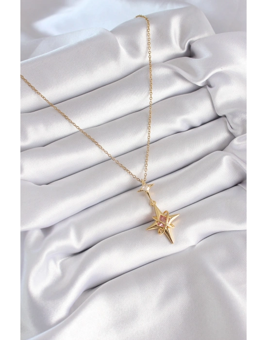 316L Çelik Gold Renk Zirkon Taşlı Kutup Yıldızı Model Kadın Kolye