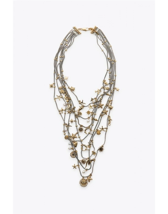 Metal Deniz Temalı Çoklu Kolye - Gümüş