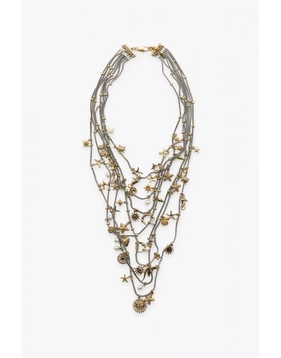 Metal Deniz Temalı Çoklu Kolye - Gümüş