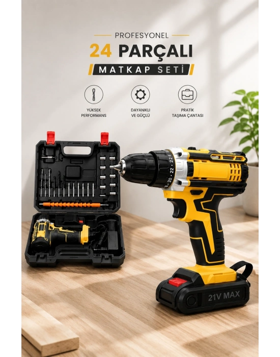 Metal Dişli 24W Akülü Matkap -Çift Bataryalı ve LED Çalışma Işığı ile Tam Set