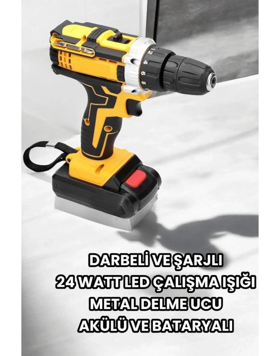 Metal Dişli 24W Akülü Matkap -Çift Bataryalı ve LED Çalışma Işığı ile Tam Set