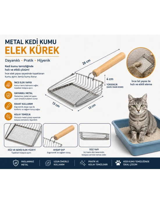 Metal Kedi Kumu Elek Kürek Ahşap Saplı Paslanmaz Kum Küreği 26 cm