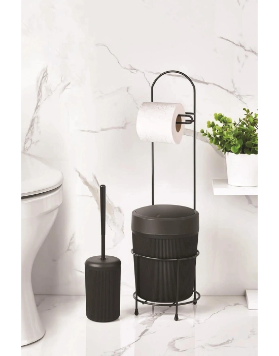 Metal Standlı Yuvarlak Kovalı & Kağıtlıklı & Fırçalıklı Siyah Banyo Takımı