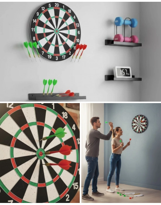 ® Şık Tasarımlı 15 İnç Dart Tahtası Metal Uçlu 4 Ok Seti