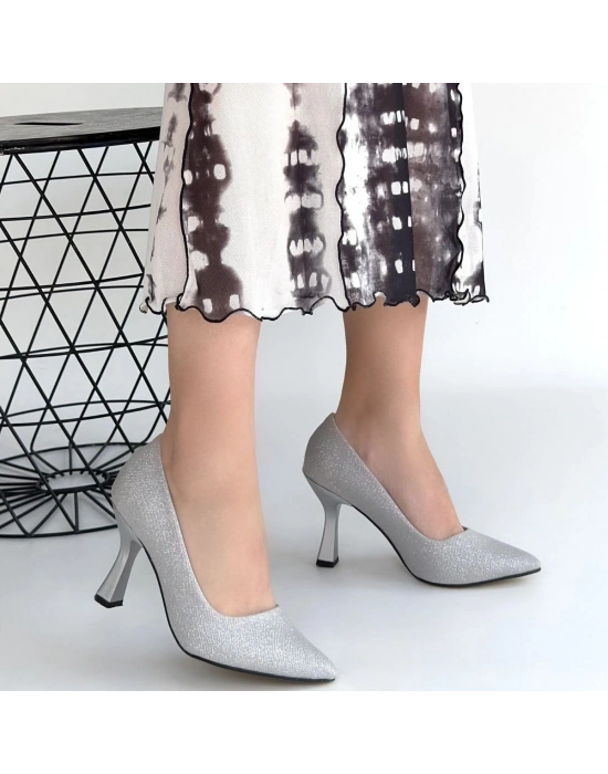 Meyli Gümüş Saten Simli Topuklu Ayakkabı