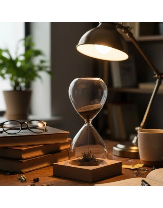 ® Mıknatıslı Cam Kum Saati – Dekoratif Metal Tabanlı, Manyetik Kum Akışlı Masaüstü Zaman Ölçer