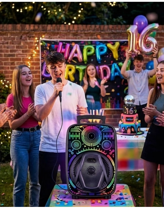 Mikrofonlu Bluetooth Hoparlör 8 İnç RGB Işıklı Taşınabilir Ses Sistemi