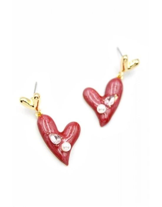 Mineli Kalp Küpe - Bordo