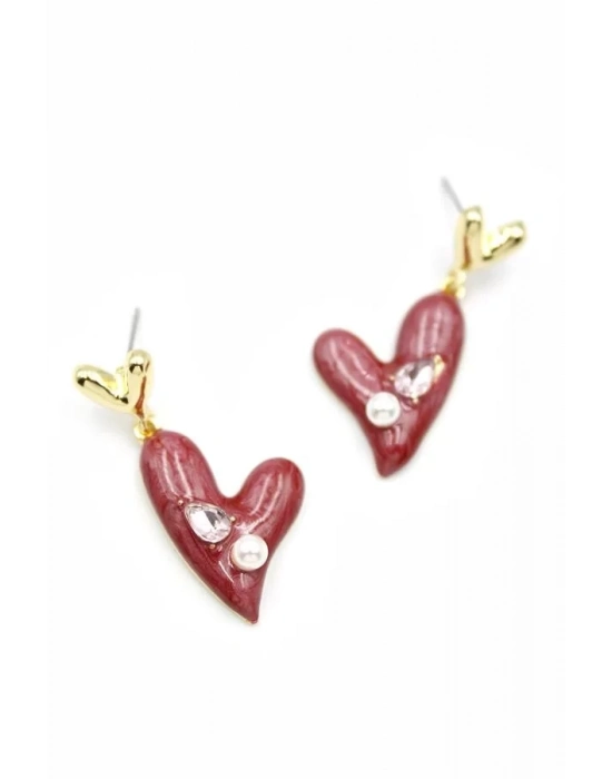 Mineli Kalp Küpe - Bordo