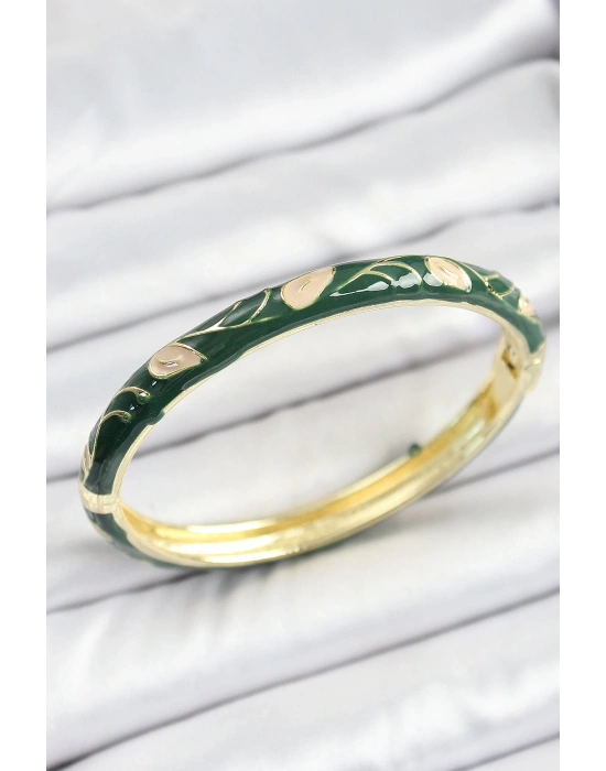 ® Mineli Pirinç Gold Renk Yeşil Çiçek Motifli Kadın Kelepçe