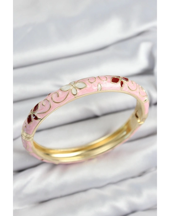 Mineli Pirinç Pembe Çiçek Motifli Gold Kadın Kelepçe