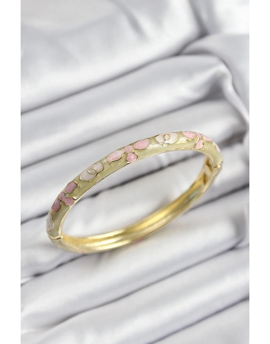 ® Mineli Pirinç Pembe Hardal Ve Krem Çiçek Motifli Gold Renk Kadın Kelepçe
