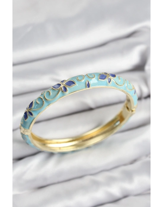 ® Mineli Pirinç Turkuaz Çiçek Motifli Gold Kadın Kelepçe