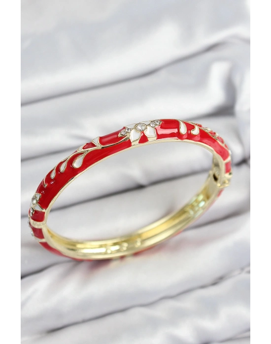 ® Mineli Pirinç Zirkon Taşlı Kırmızı Çiçek Motifli Gold Kadın Kelepçe