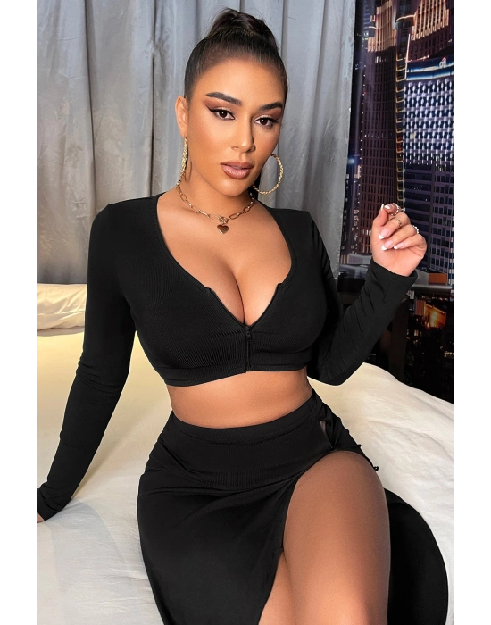 Kadın Siyah Uzun Kol Göğüs ve Göbek Dekolteli Fermuarlı Crop Top Bluz