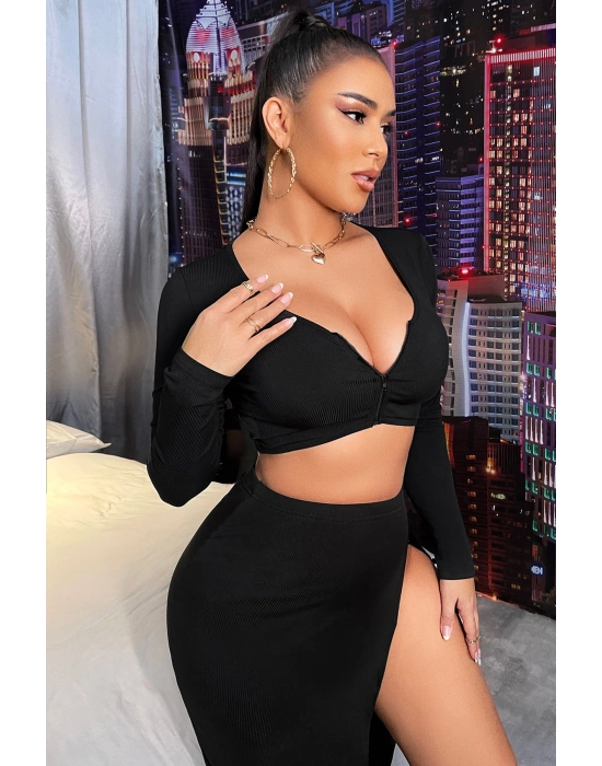 Kadın Siyah Uzun Kol Göğüs ve Göbek Dekolteli Fermuarlı Crop Top Bluz