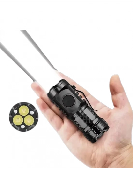 Mini El Feneri 3 LED Güçlü Aydınlatma ve Type-C Şarj Özellikli