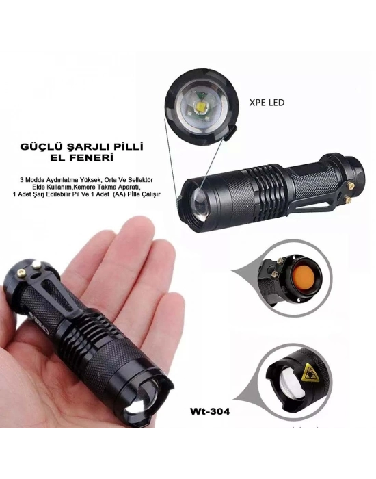Mini Güçlü Şarjlı Pilli El Feneri Wt-304
