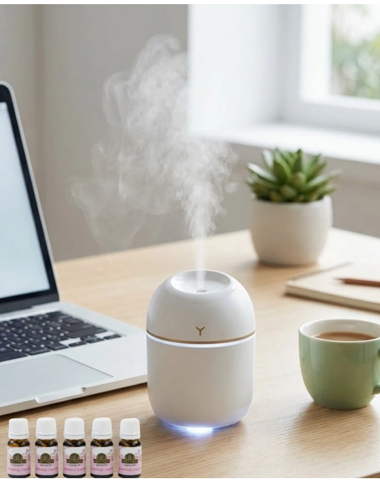 Mini Hava Nemlendirici USB Bağlantılı LED Işıklı 5 Esans Hediyeli Aromaterapi Difüzörü