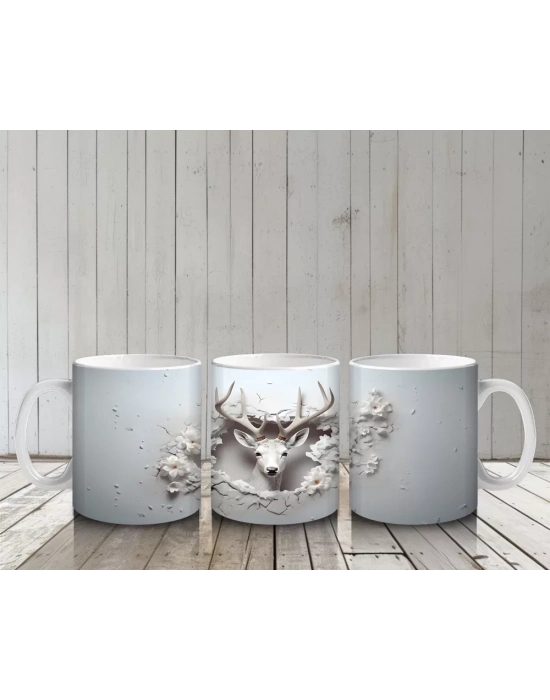 Minimal Gri Tonlarda Çatlakta Beliren Geyik – Baskılı Kahve Kupası