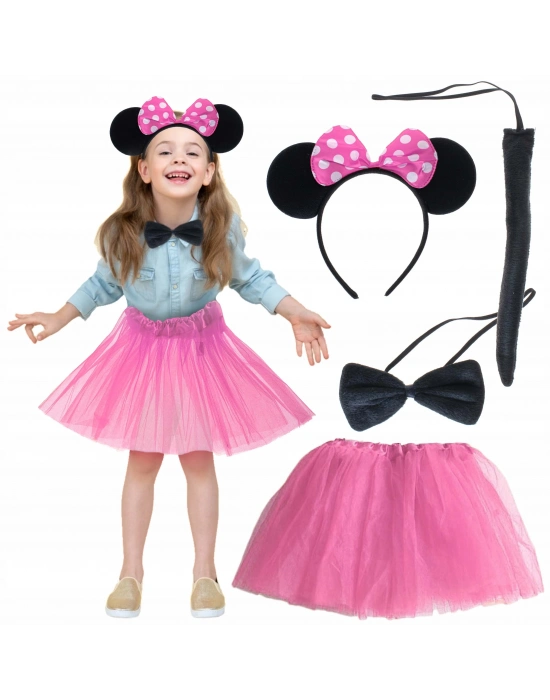 Minnie Kostüm Seti (Pembe Tütü Etek + Pembe Taç + Papyon + Kuyruk)
