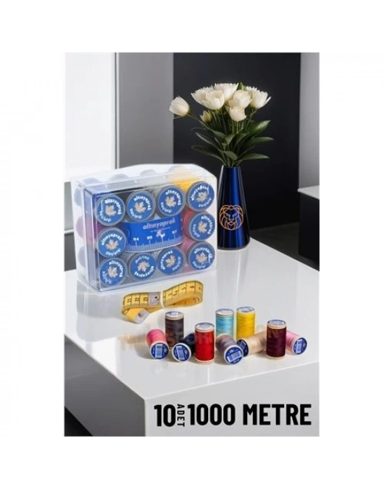 10 Renk 1000 Mt Kutulu Mezuralı Dikiş İpliği Seti