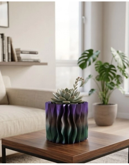 Modern Dalgalı Tasarımlı Mor 3D Dekoratif Vazo Ev Ofis Dekoru