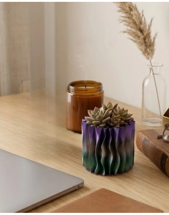 Modern Dalgalı Yüzey Tasarımlı Mor 3D Dekoratif Saksı Vazo