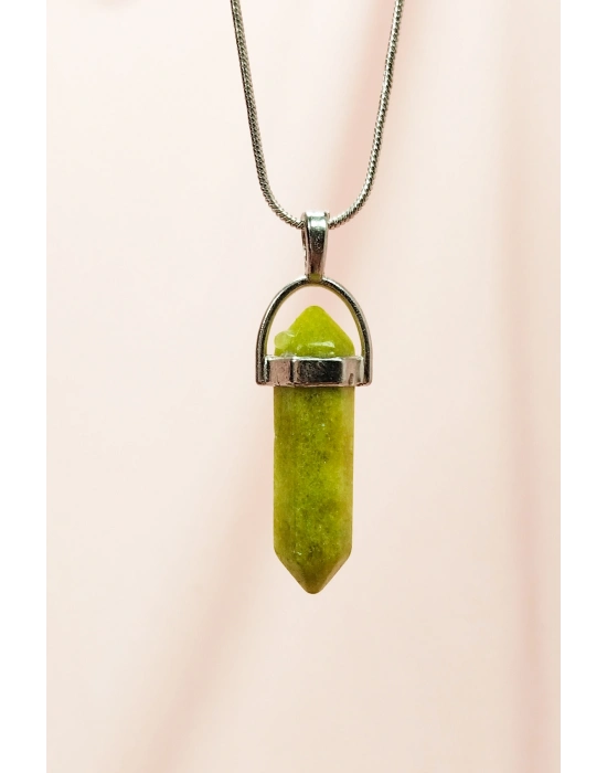 Moldavit Doğal Taşı Zincirli El Yapımı Tasarımlı Kolye Uç: 3,5 cm Zincir: 20 cm Kutulu