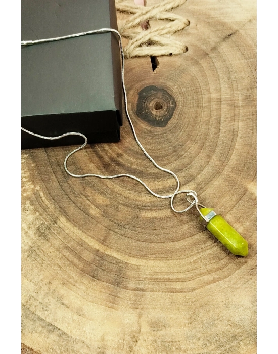 Moldavit Doğal Taşı Zincirli El Yapımı Tasarımlı Kolye Uç: 3,5 cm Zincir: 20 cm Kutulu