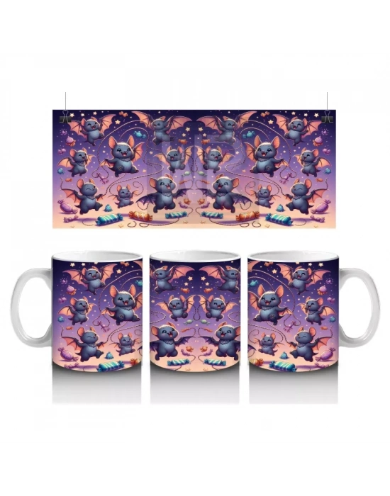 Mor Arka Plan Üzerinde Korkunç Hayaletler ve Balkabaklarıyla Cadılar Bayramı Baskılı Kupa Bardak