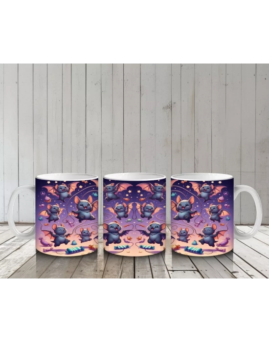 Mor Arka Plan Üzerinde Korkunç Hayaletler ve Balkabaklarıyla Cadılar Bayramı Baskılı Kupa Bardak