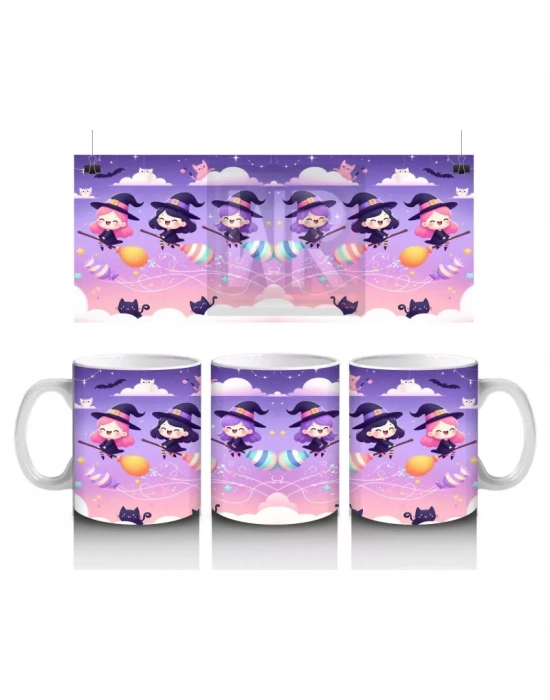 Mor Arka Plan Üzerinde Sevimli Hayaletler ve Şekerlemelerle Cadılar Bayramı Baskılı Kupa Bardak