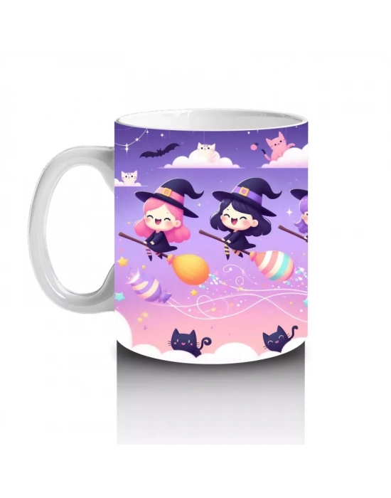 Mor Arka Plan Üzerinde Sevimli Hayaletler ve Şekerlemelerle Cadılar Bayramı Baskılı Kupa Bardak