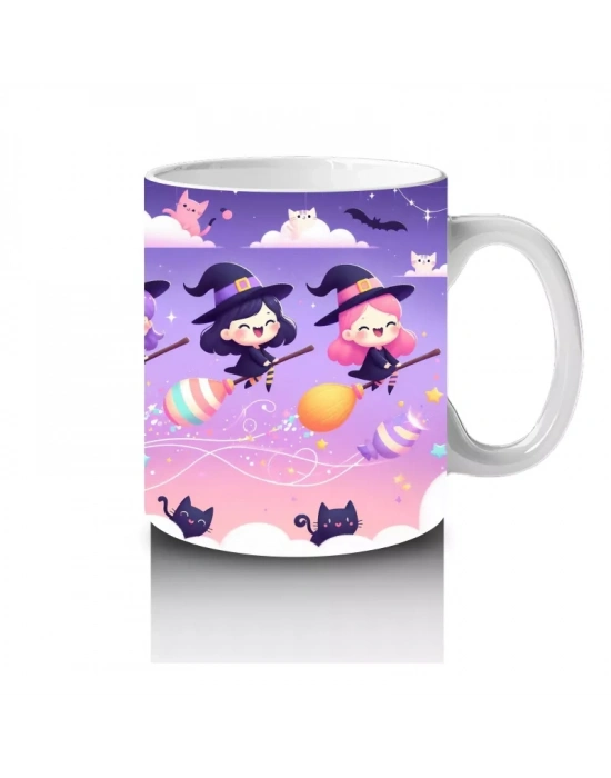 Mor Arka Plan Üzerinde Sevimli Hayaletler ve Şekerlemelerle Cadılar Bayramı Baskılı Kupa Bardak