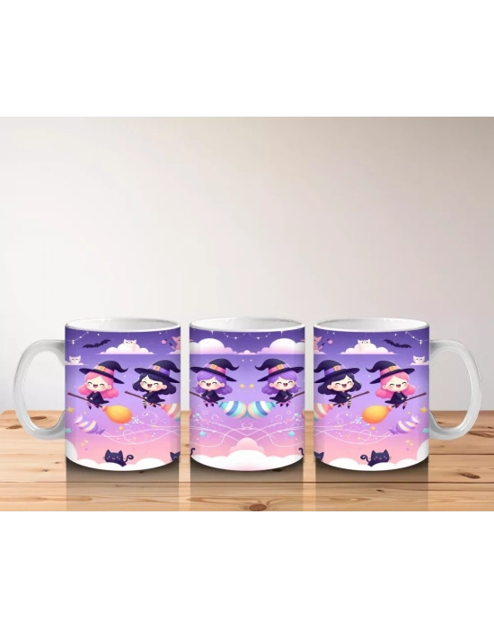 Mor Arka Plan Üzerinde Sevimli Hayaletler ve Şekerlemelerle Cadılar Bayramı Baskılı Kupa Bardak