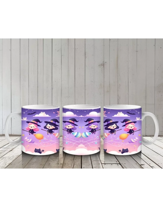 Mor Arka Plan Üzerinde Sevimli Hayaletler ve Şekerlemelerle Cadılar Bayramı Baskılı Kupa Bardak