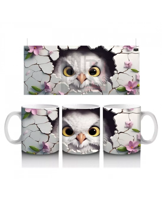 Mor Çiçekler Arasında Bakan Sarı Gözlü Baykuş – Baskılı Kahve Kupası