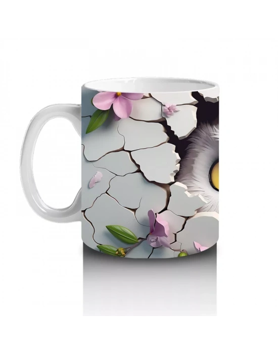 Mor Çiçekler Arasında Bakan Sarı Gözlü Baykuş – Baskılı Kahve Kupası