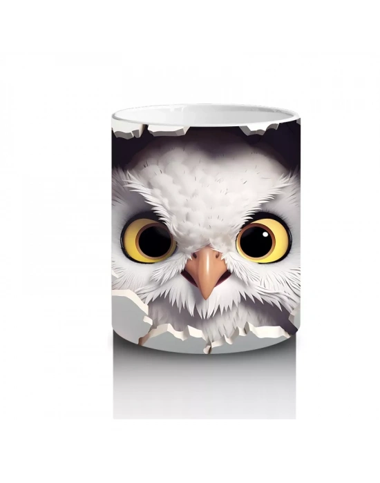 Mor Çiçekler Arasında Bakan Sarı Gözlü Baykuş – Baskılı Kahve Kupası