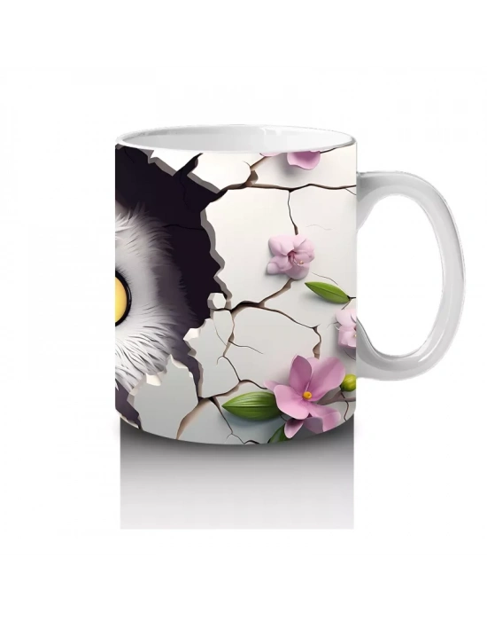 Mor Çiçekler Arasında Bakan Sarı Gözlü Baykuş – Baskılı Kahve Kupası